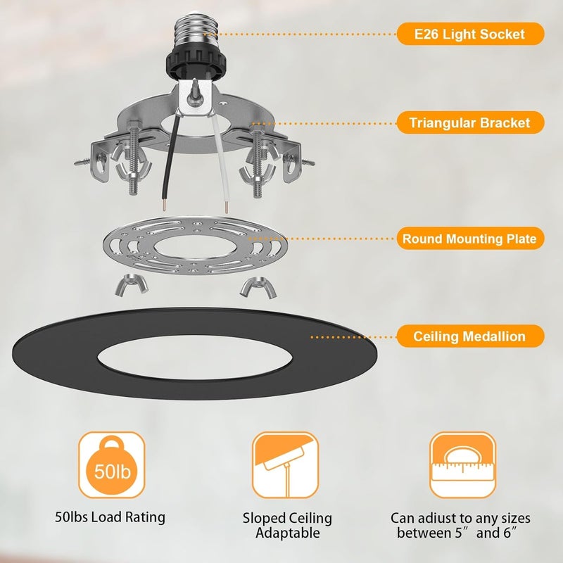 YIIZON 5 and 6 inch Recessed Can Light Conversion Kit, Ceiling Light Fixture Upgrade, Pendant & Hanging, 7¾ Inch Flat Steel Ceiling Medallion, Black Finish 2 Packs - Image 2